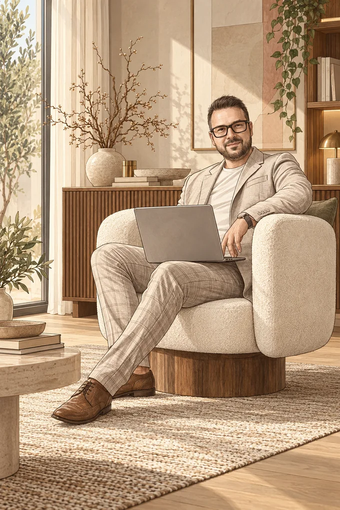 Rajz: Dani laptoppal egy fotelben